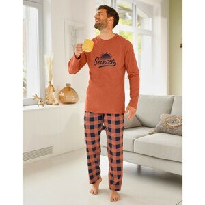 Blancheporte Kostkované bavlněné pyžamo s dlouhými rukávy a kalhotami meruňková 107/116 (XL)