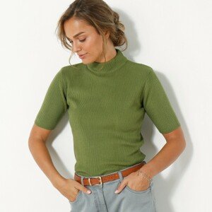 Blancheporte Žebrovaný pulovr s krátkými rukávy olivová 42/44