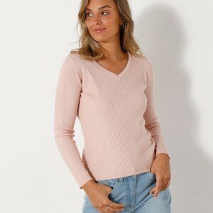 Blancheporte Žebrovaný pulovr s výstřihem do "V" růžová pudrová 52