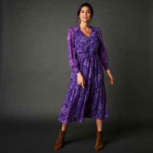Blancheporte Dlouhé volánové šaty s minimalistickým vzorem fialová/režná 40
