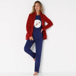 Blancheporte Trojdílná souprava pyžama a fleecové mikiny na zip nám. modrá/červená 50