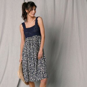 Blancheporte Krátké šaty na ramínka, krepon a macramé indigo/režná 36