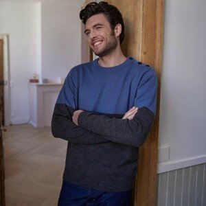 Blancheporte Dvoubarevný pulovr s knoflíky, vlna modrá/antracitová 97/106 (L)