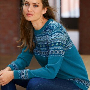 Blancheporte Žakárový pulovr s příměsí jehněčí vlny paví modrá 52