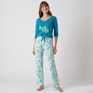 Blancheporte Pyžamové tričko s dlouhými rukávy a středovým potiskem "Jardin secret" smaragdová 34/36