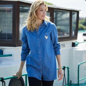 Blancheporte Dlouhá košile s výšivkou "srdce", džínovina sepraná modrá 44