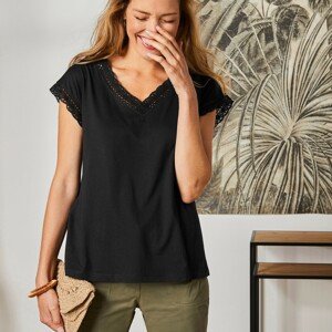 Blancheporte Jednobarevné tričko macramé s krátkými rukávy černá 54