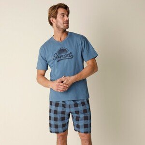 Blancheporte Kostkované bavlněné pyžamo s krátkými rukávy a šortkami modrošedá 137/146 (4XL)